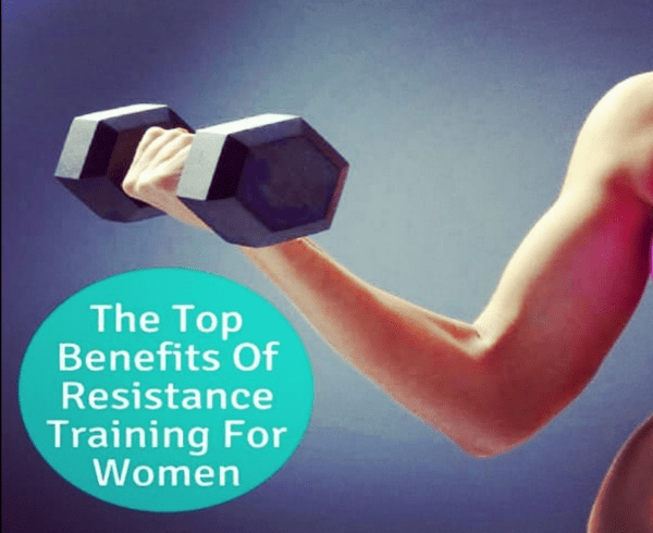 A woman doing a dumbbell bicep curl exercise. The words, 'Top benefits of resistance training for women.'