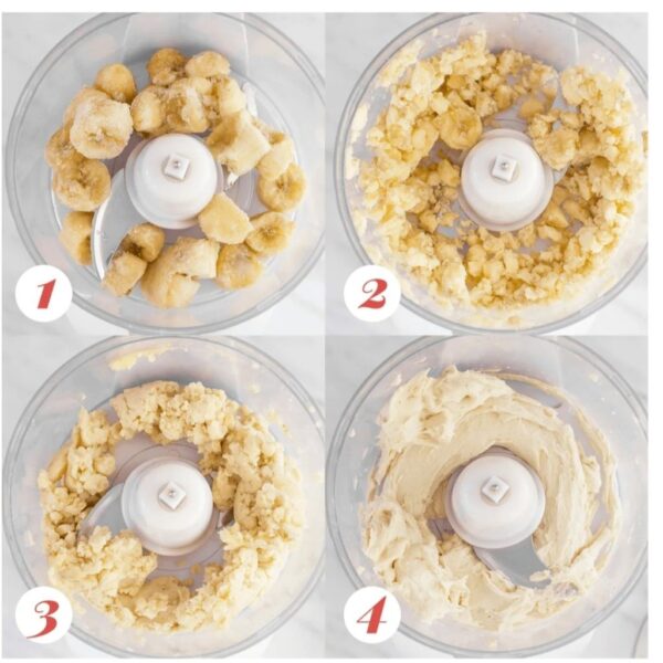 Illustrates the 4 stages of blending frozen bananas into nice cream