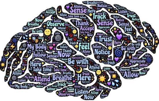 The brain with positive affirmation words written throughout